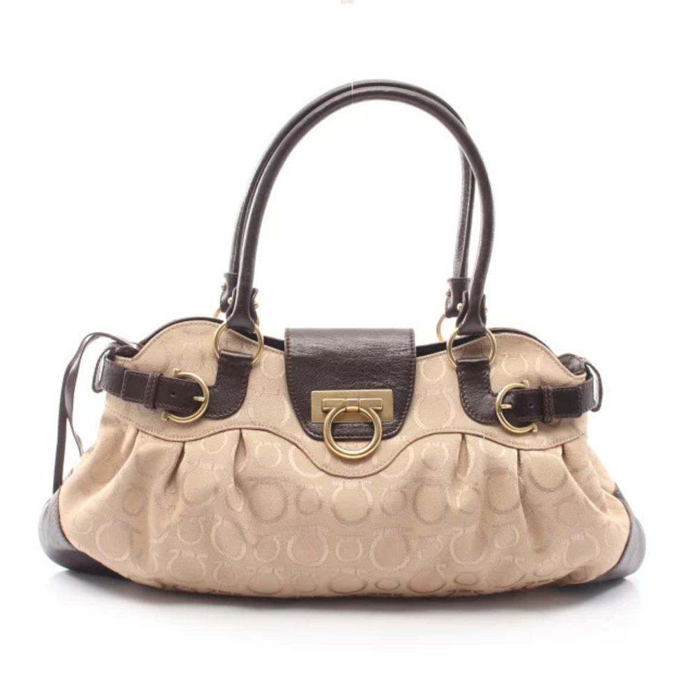 Salvatore Ferragamo Gancini Shoulder Bag Canvas Leather Beige Cream Brown